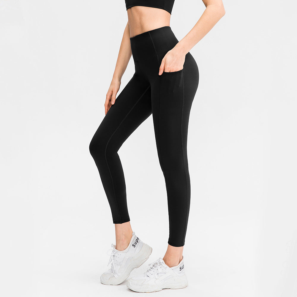 Double-Sided Brocade Nude Feel Yoga Pants Women Pocket High Waist Shaping Exercise Workout Pant
