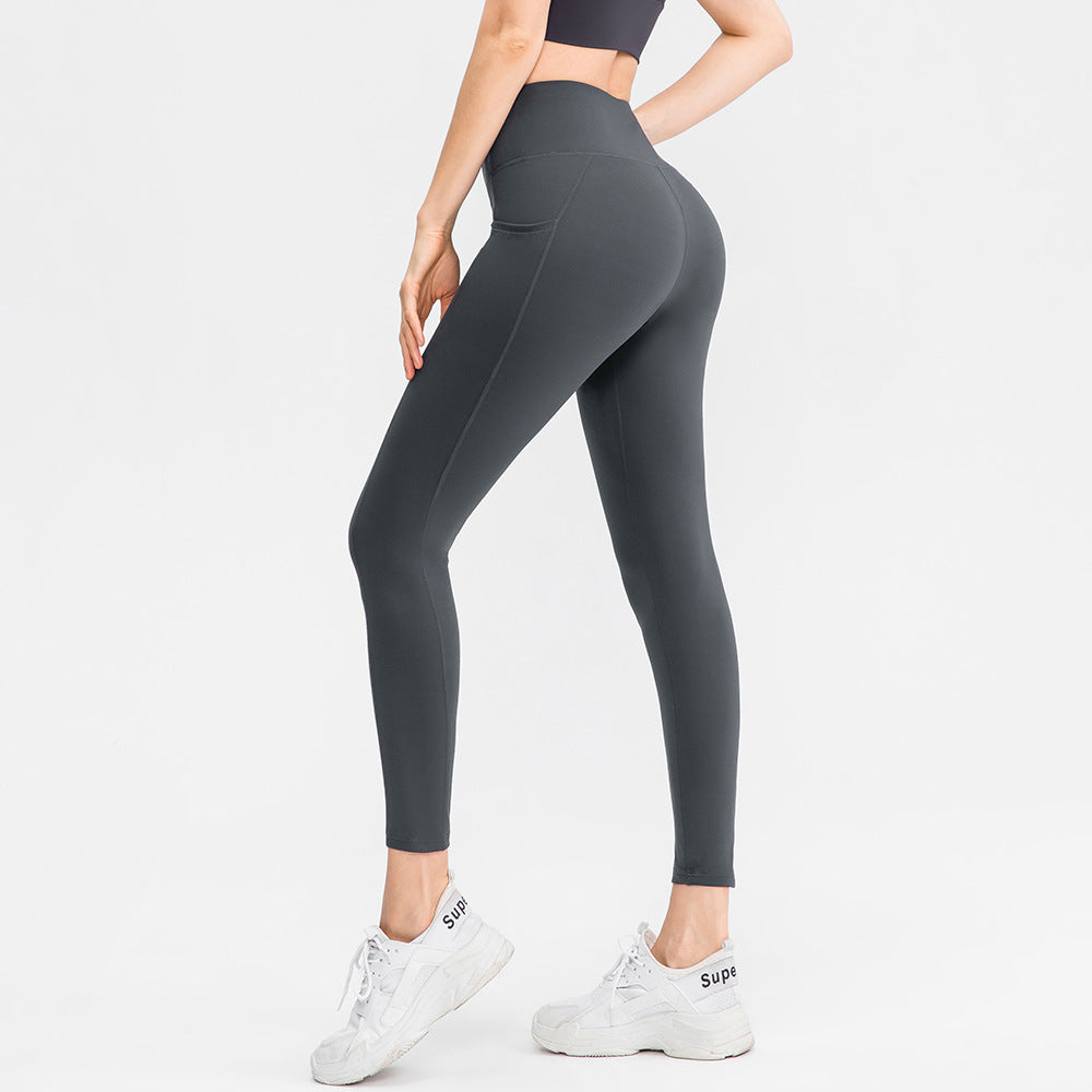 Double-Sided Brocade Nude Feel Yoga Pants Women Pocket High Waist Shaping Exercise Workout Pant