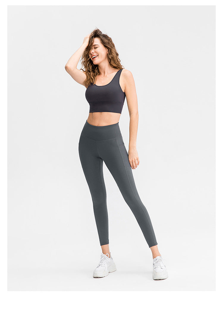 Double-Sided Brocade Nude Feel Yoga Pants Women Pocket High Waist Shaping Exercise Workout Pant