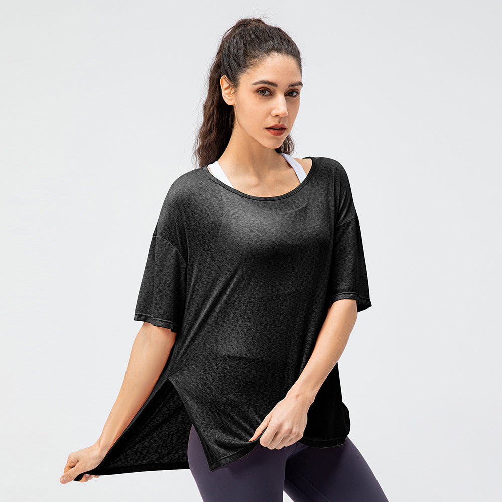Spring Summer Women Loose Exercise Blouse Lightweight Breathable Running T-shirt Split Quick-Drying Yoga Short Sleeve