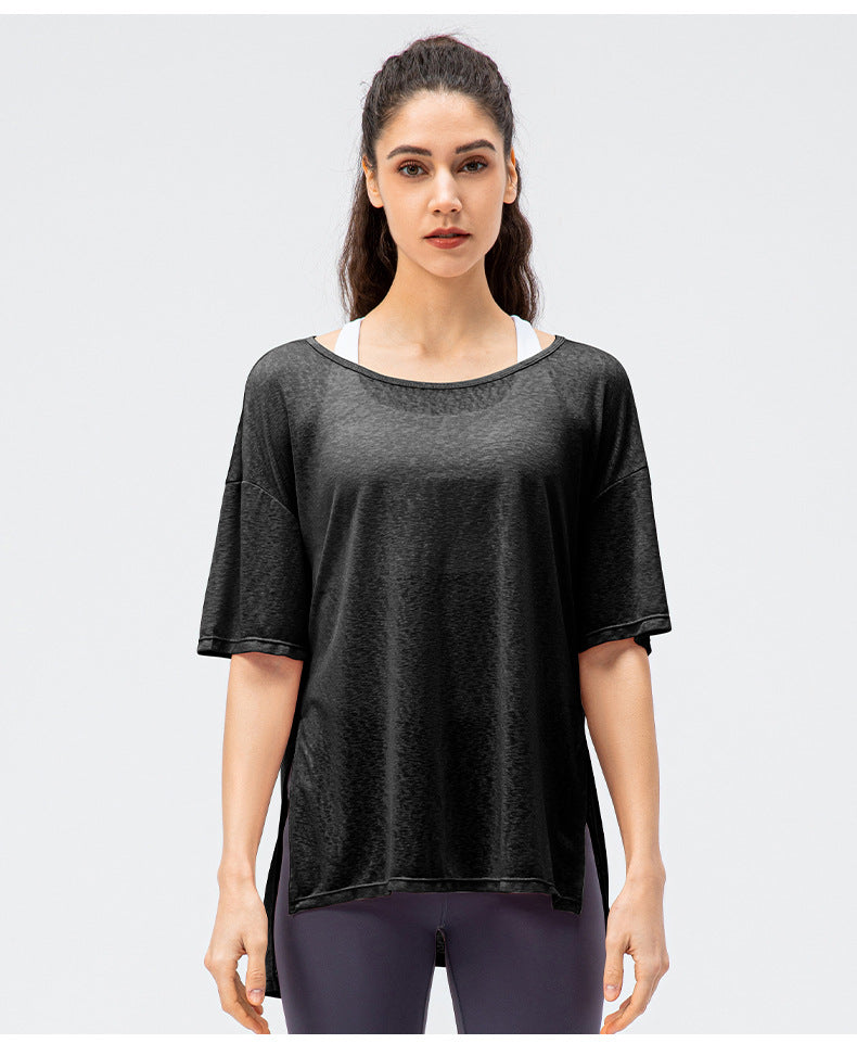 Spring Summer Women Loose Exercise Blouse Lightweight Breathable Running T-shirt Split Quick-Drying Yoga Short Sleeve