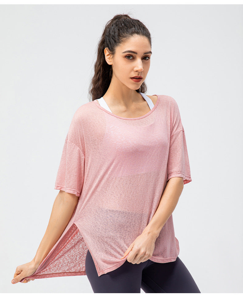 Spring Summer Women Loose Exercise Blouse Lightweight Breathable Running T-shirt Split Quick-Drying Yoga Short Sleeve