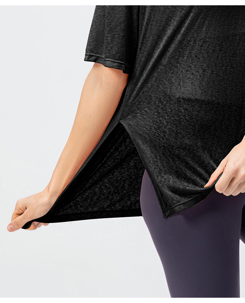 Spring Summer Women Loose Exercise Blouse Lightweight Breathable Running T-shirt Split Quick-Drying Yoga Short Sleeve