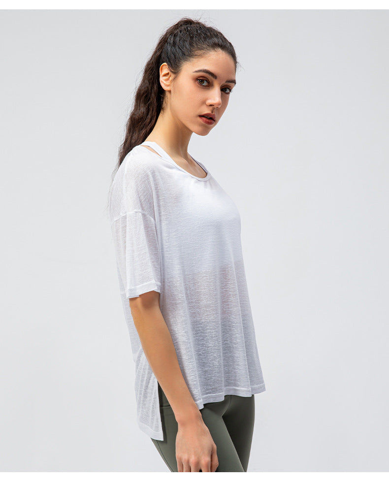 Spring Summer Women Loose Exercise Blouse Lightweight Breathable Running T-shirt Split Quick-Drying Yoga Short Sleeve