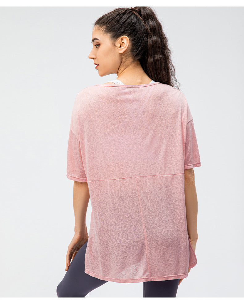 Spring Summer Women Loose Exercise Blouse Lightweight Breathable Running T-shirt Split Quick-Drying Yoga Short Sleeve