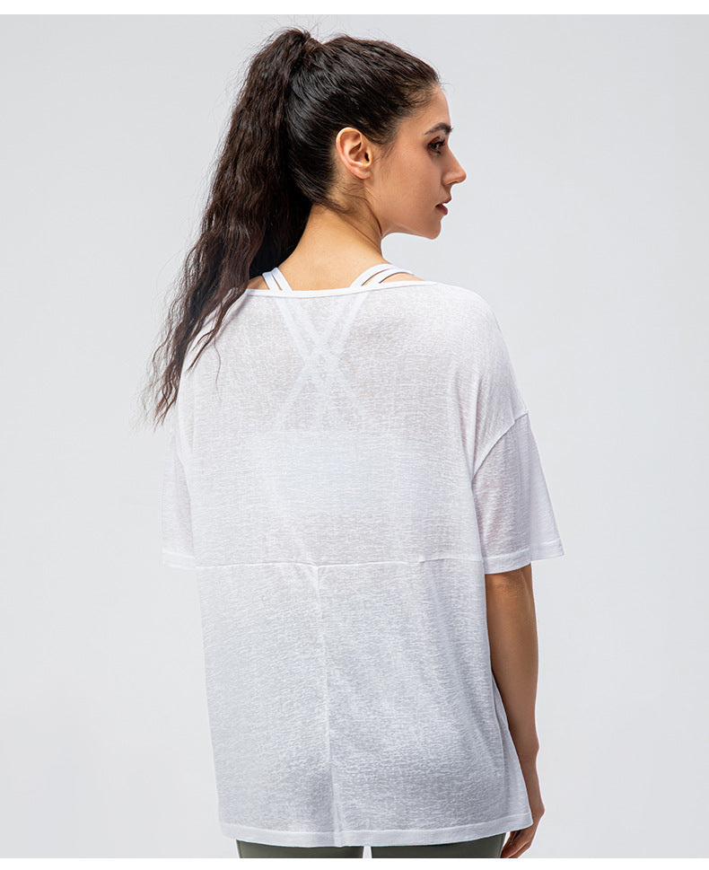 Spring Summer Women Loose Exercise Blouse Lightweight Breathable Running T-shirt Split Quick-Drying Yoga Short Sleeve