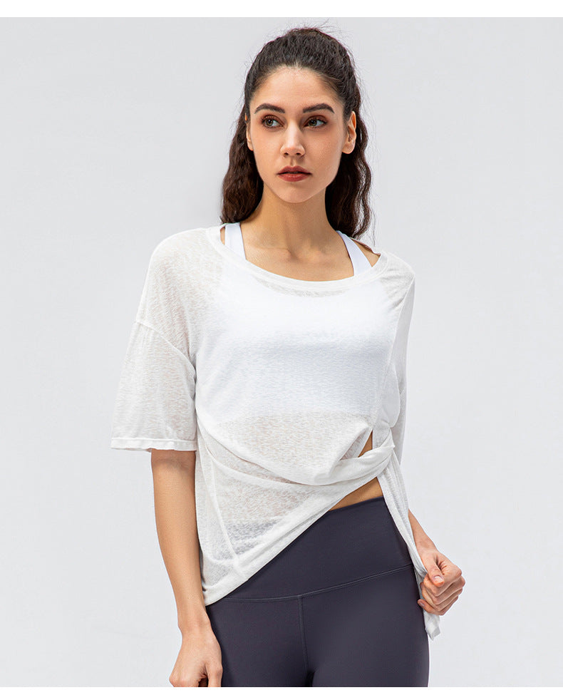 Spring Summer Women Split Sports Blouse Quick-Drying Running round Neck T-shirt Outdoor Fitness Yoga Short Sleeve