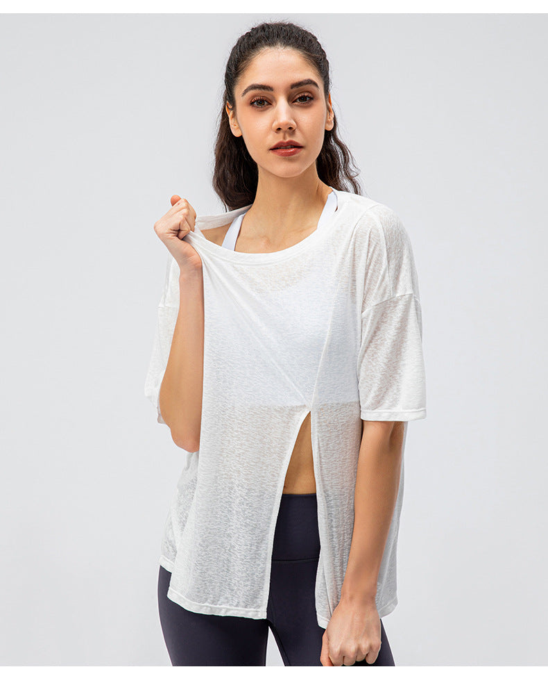 Spring Summer Women Split Sports Blouse Quick-Drying Running round Neck T-shirt Outdoor Fitness Yoga Short Sleeve