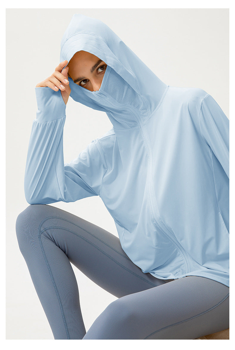 Ice Silk Sun Protection Clothing Women Summer Hooded Long Sleeve Outdoor Sports Biking Walking Sun Protection Shirt
