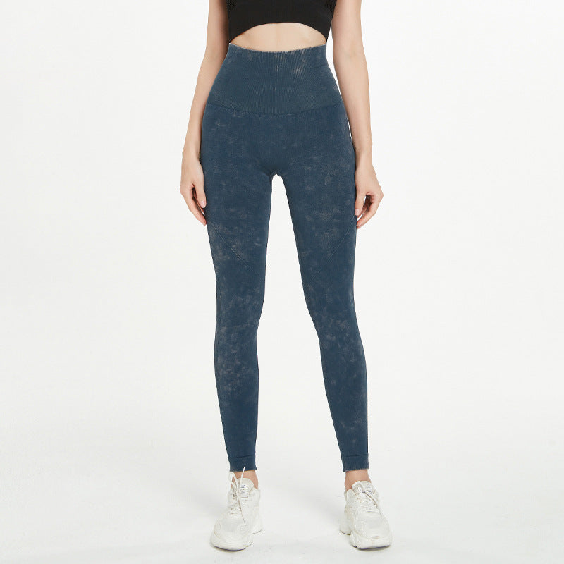 Women Retro Imitation Denim Stone Washed Yoga Pants High Waist Elastic Running Fitness Tight Sports Pants
