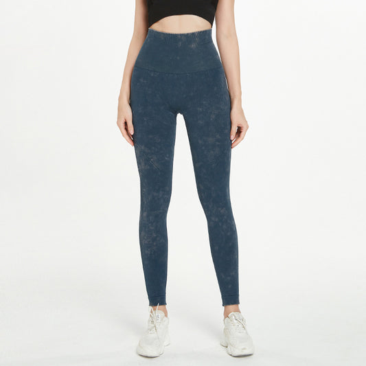 Women Retro Imitation Denim Stone Washed Yoga Pants High Waist Elastic Running Fitness Tight Sports Pants