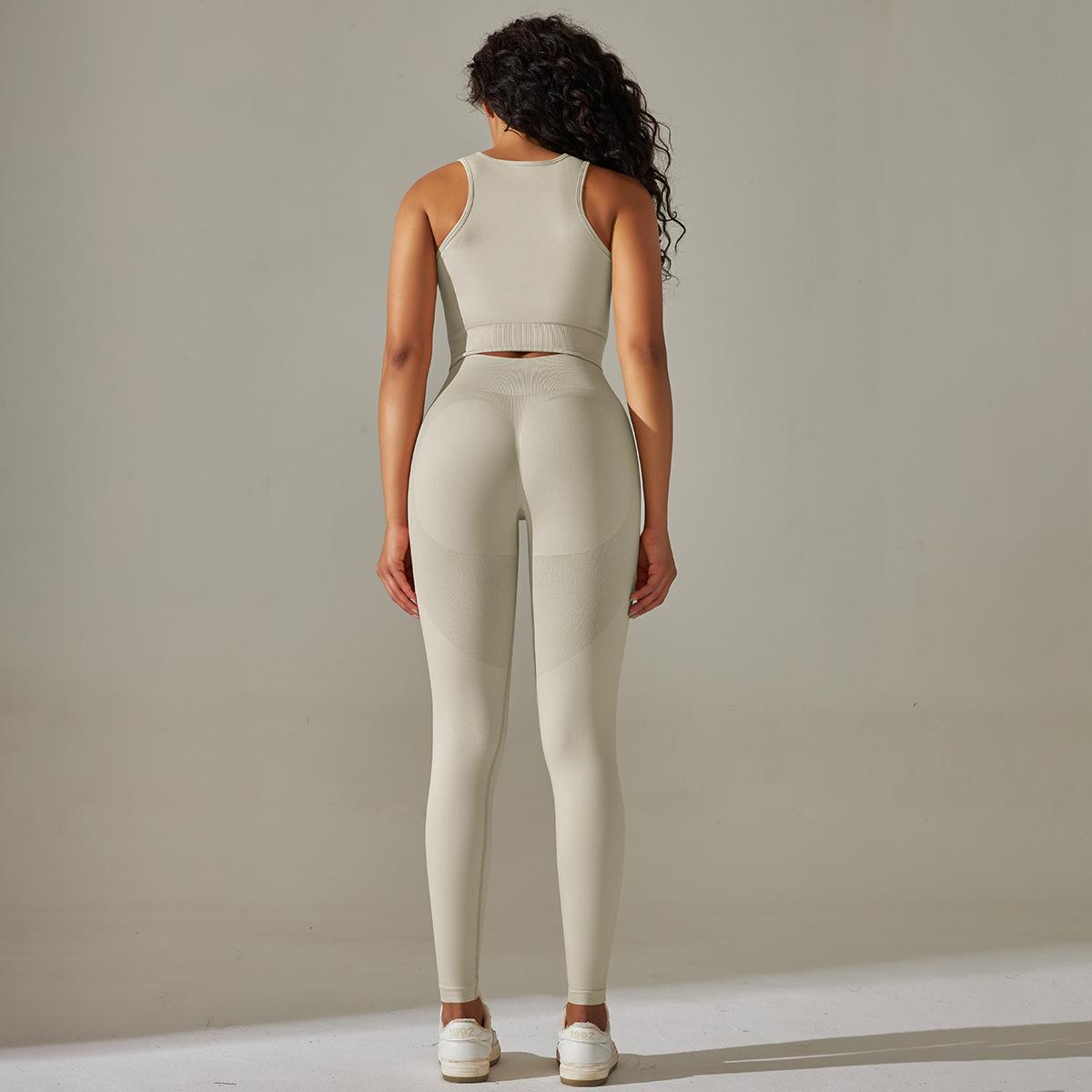 Solid Color High Waist Yoga Suit with Chest Pad Breathable Bra Vest Tight Trousers Fitness Suit
