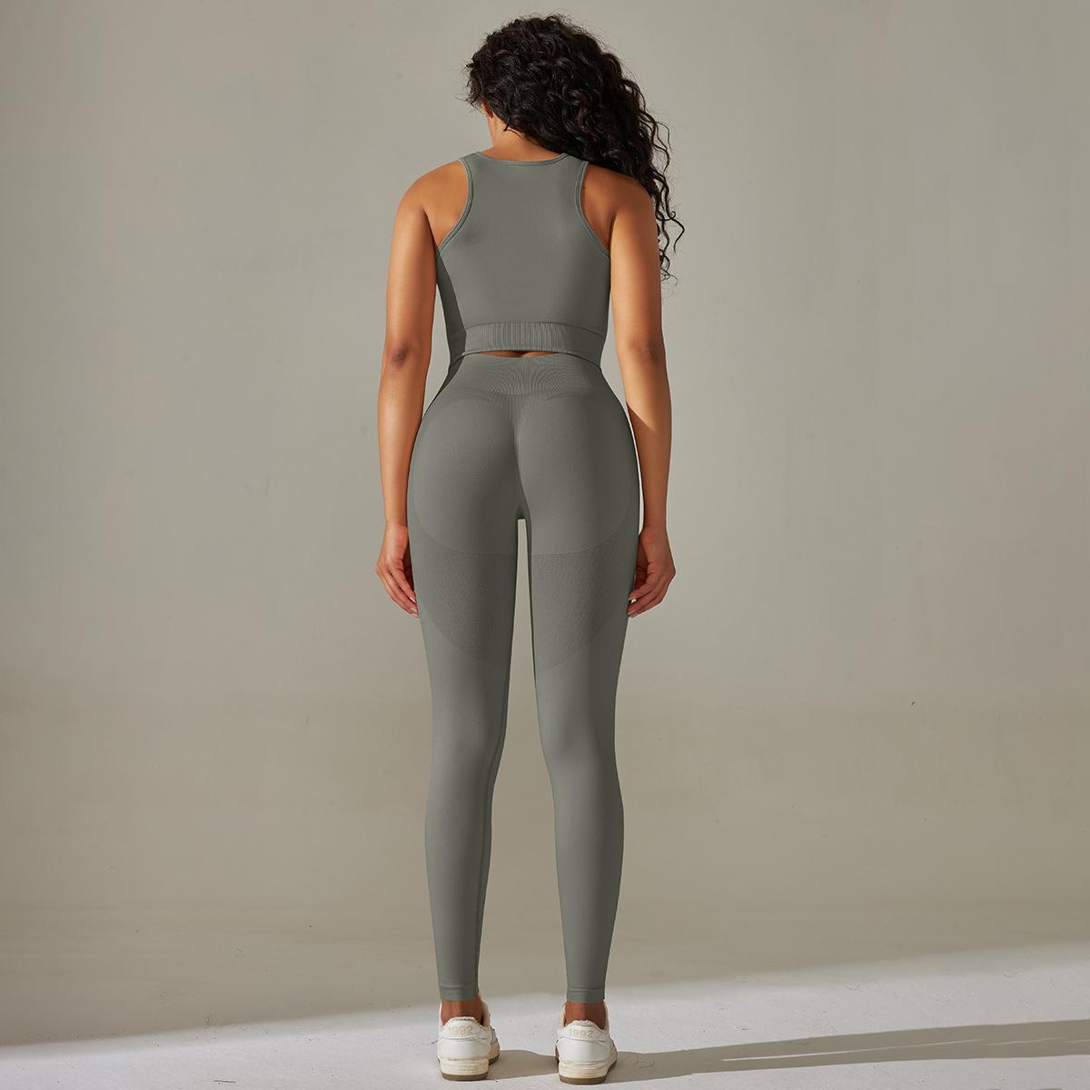 Solid Color High Waist Yoga Suit with Chest Pad Breathable Bra Vest Tight Trousers Fitness Suit
