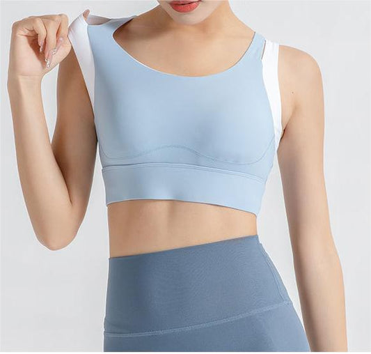 Contrast Color Sports Yoga Shockproof Faux Two Piece Bra Fixed Chest Pad H Shaped Beauty Back Underwear Women Workout Top