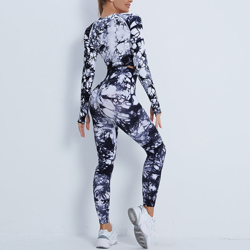 Peach Hip Fitness Pants Tie Dyed Yoga Clothes Nude Feel Brushed Sports Long Sleeve Workout Exercise Pants Yoga Suit Women