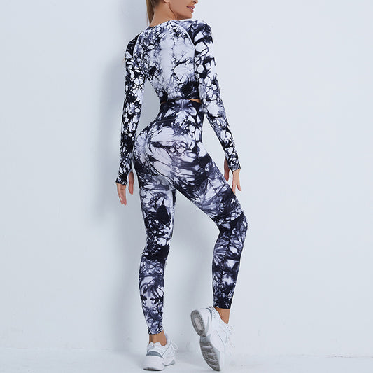 Peach Hip Fitness Pants Tie Dyed Yoga Clothes Nude Feel Brushed Sports Long Sleeve Workout Exercise Pants Yoga Suit Women