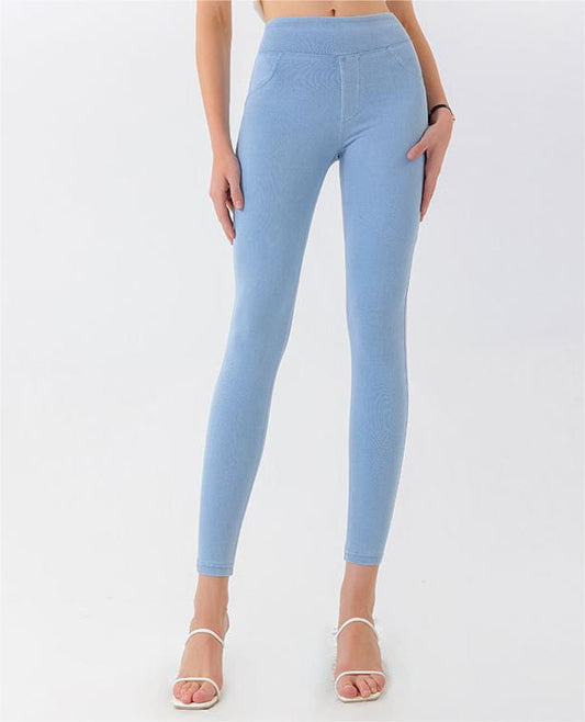 High Waist Stretch Barbie Jeans Women Belly Contracting Hip Lifting Double Pocket Yoga Sports Casual Ankle Banded Pants