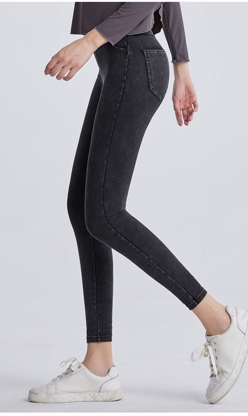 Fleece Padded Jeans High Waist Hip Lift Slimming Warm Pocket Casual Pants Sports Outerwear Fitness Pants