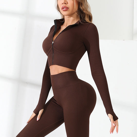 Yoga Fitness Suit Sports Long Sleeved Jacket Yoga Clothes Tight High Waist Stretch Peach Hip Trousers