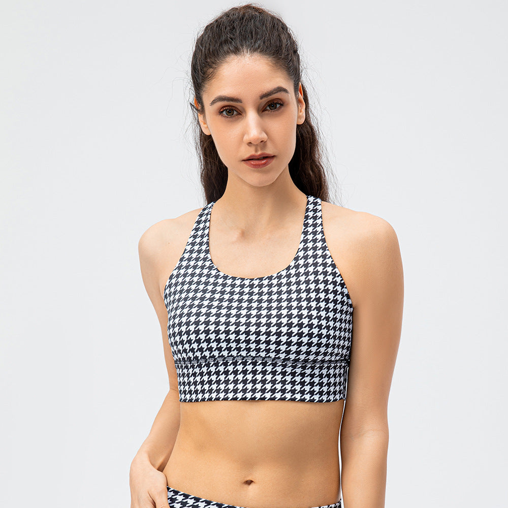 Nude Feel Yoga Sports Bra Houndstooth Shockproof Running Vest with Chest Pad Fitness Bra Plaid Element