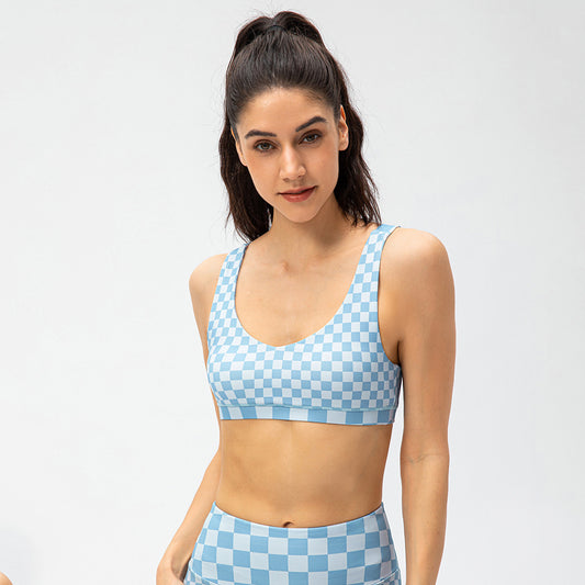 Women Sports Underwear Chessboard Plaid Contrast Color Yoga Bra Strap Chest Pad Shockproof Running Fitness Top