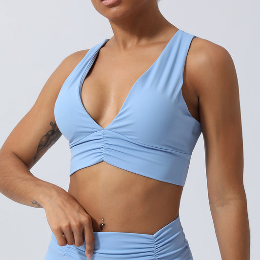 Nude Feel Gathered V neck Yoga Bra Cross Beauty Back Exercise Underwear Shockproof Workout Clothes Underwear Padded