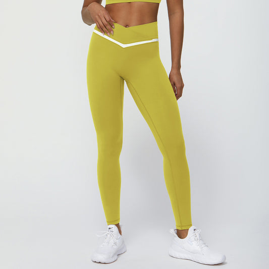Body Shaping Hip Lifting Yoga Pants Contrast Color Cross V Waist Tight Sports Pants Women Outdoor Running Workout Ankle Length Pants