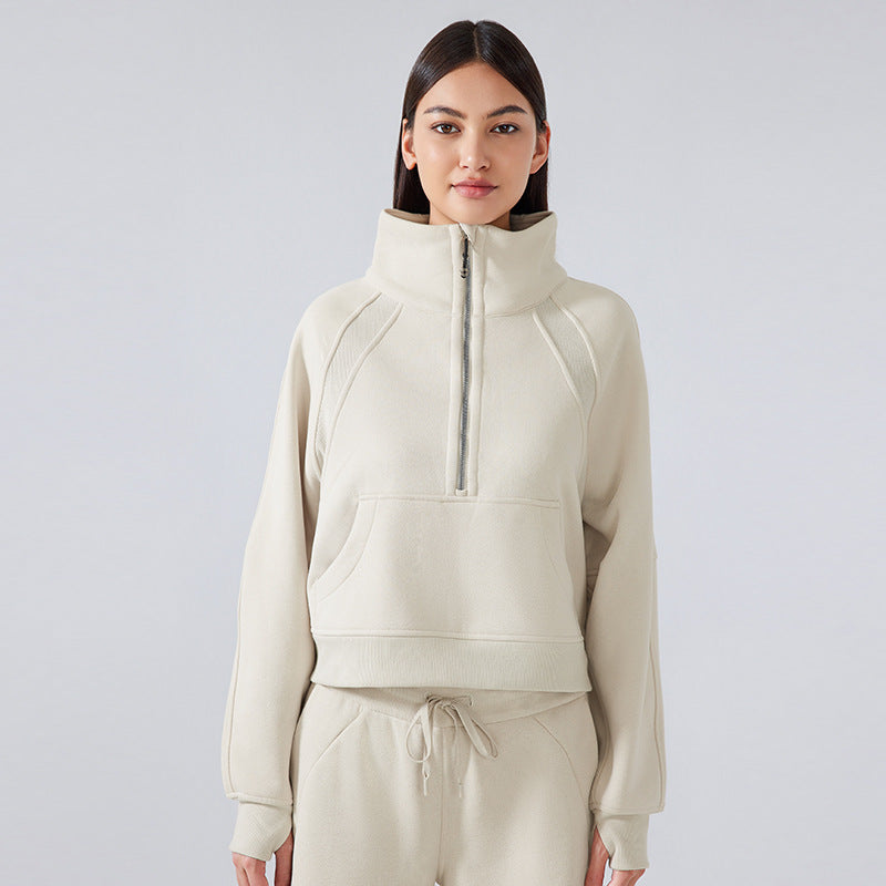 Half Zipper High Stand Collar Pullover Women Autumn Winter Outdoor Thermal Fleece Thickening Exercise Sweater