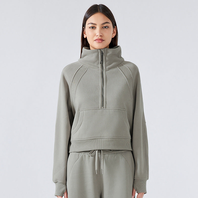 Half Zipper High Stand Collar Pullover Women Autumn Winter Outdoor Thermal Fleece Thickening Exercise Sweater