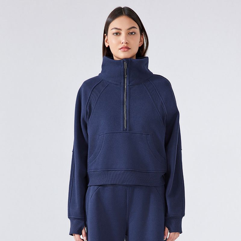 Half Zipper High Stand Collar Pullover Women Autumn Winter Outdoor Thermal Fleece Thickening Exercise Sweater