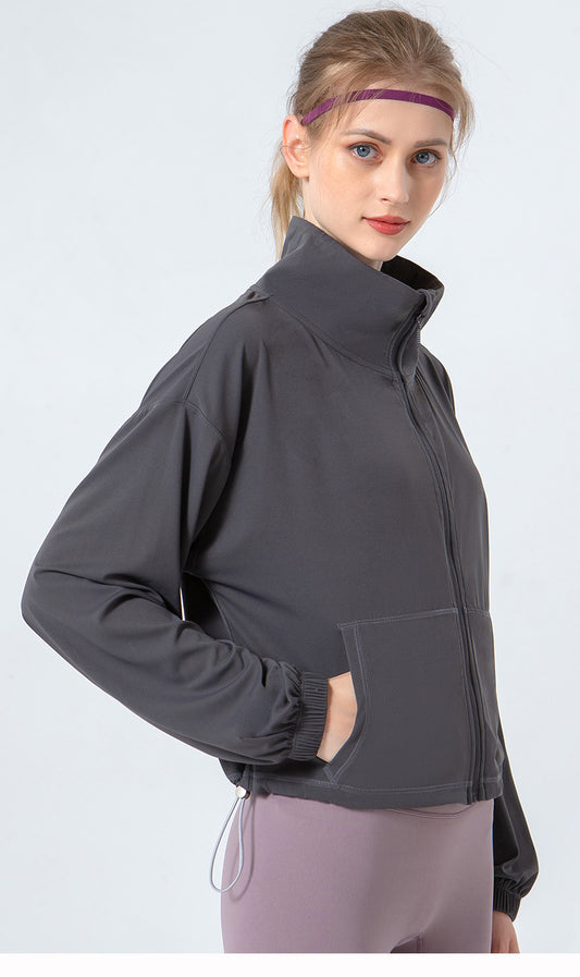 Spring Summer Stand Collar Drawstring Yoga Clothes Cloud Sense Loose Simple Slimming Coat Pocket Sports Fitness Clothes