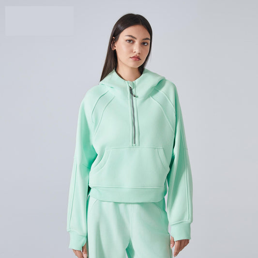 Autumn Winter Fleece lined Warm Yoga Clothes Half Zipper Hooded Sweater Outdoor Fitness Loose Sports Top Women