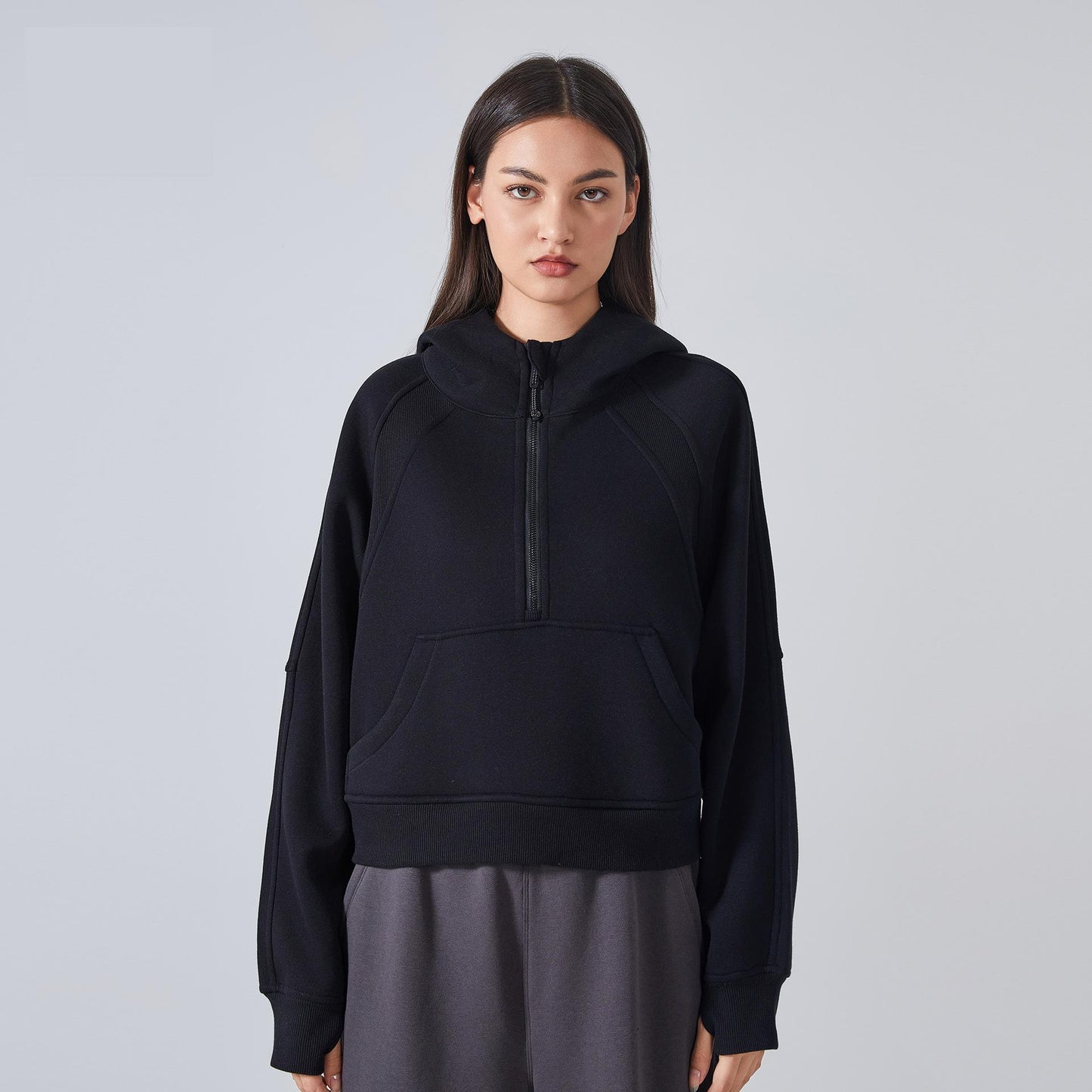 Autumn Winter Fleece lined Warm Yoga Clothes Half Zipper Hooded Sweater Outdoor Fitness Loose Sports Top Women