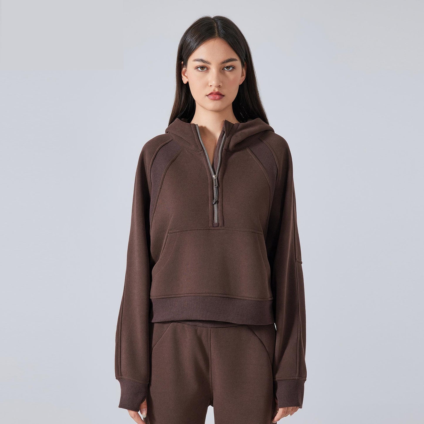 Autumn Winter Fleece lined Warm Yoga Clothes Half Zipper Hooded Sweater Outdoor Fitness Loose Sports Top Women