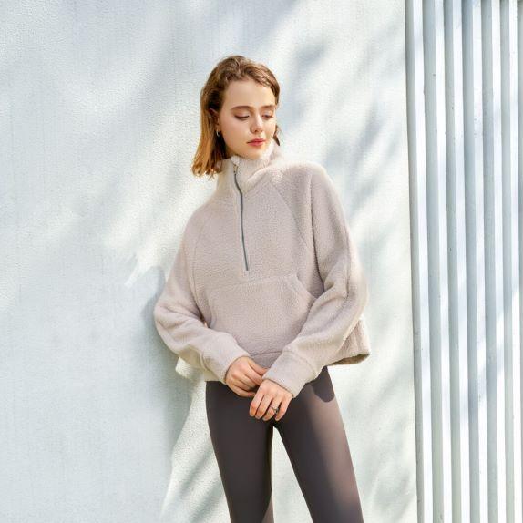 Fleece Fall Winter Casual Solid Color Top for Women Stand Collar Half Zip Lamb Wool Sweatshirt