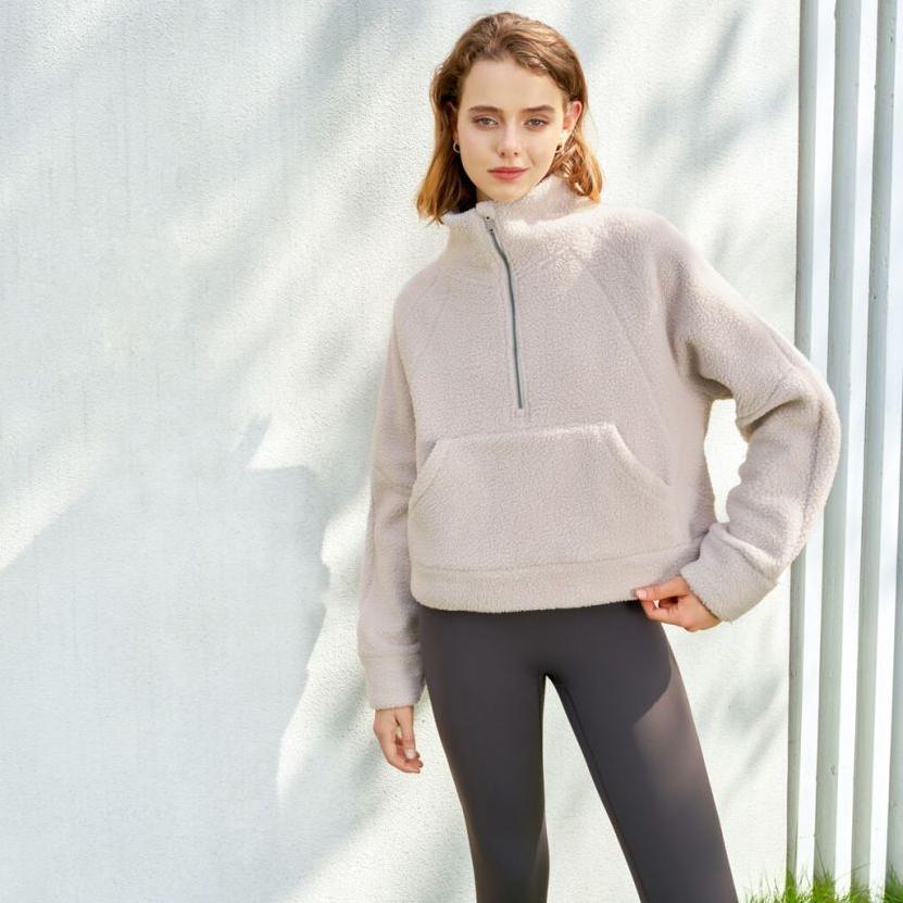 Fleece Fall Winter Casual Solid Color Top for Women Stand Collar Half Zip Lamb Wool Sweatshirt