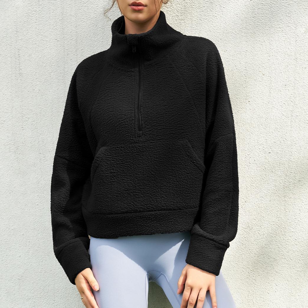 Fleece Fall Winter Casual Solid Color Top for Women Stand Collar Half Zip Lamb Wool Sweatshirt