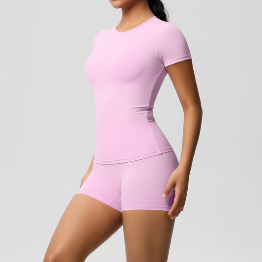 Solid Color Nude Feel Skin Friendly Exercise Yoga Clothes Slim Fit Slimming Stretch T shirt Fitness Shorts Set Women