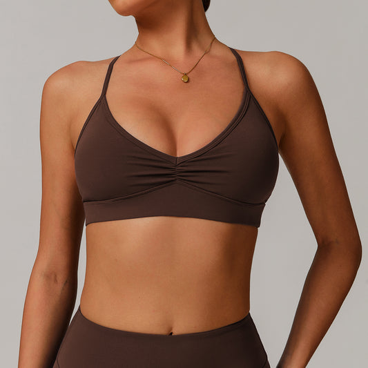 Sollinarry V neck Yoga Bra Cross Back Slimming Pleated Underwear Running Sports Workout Bra