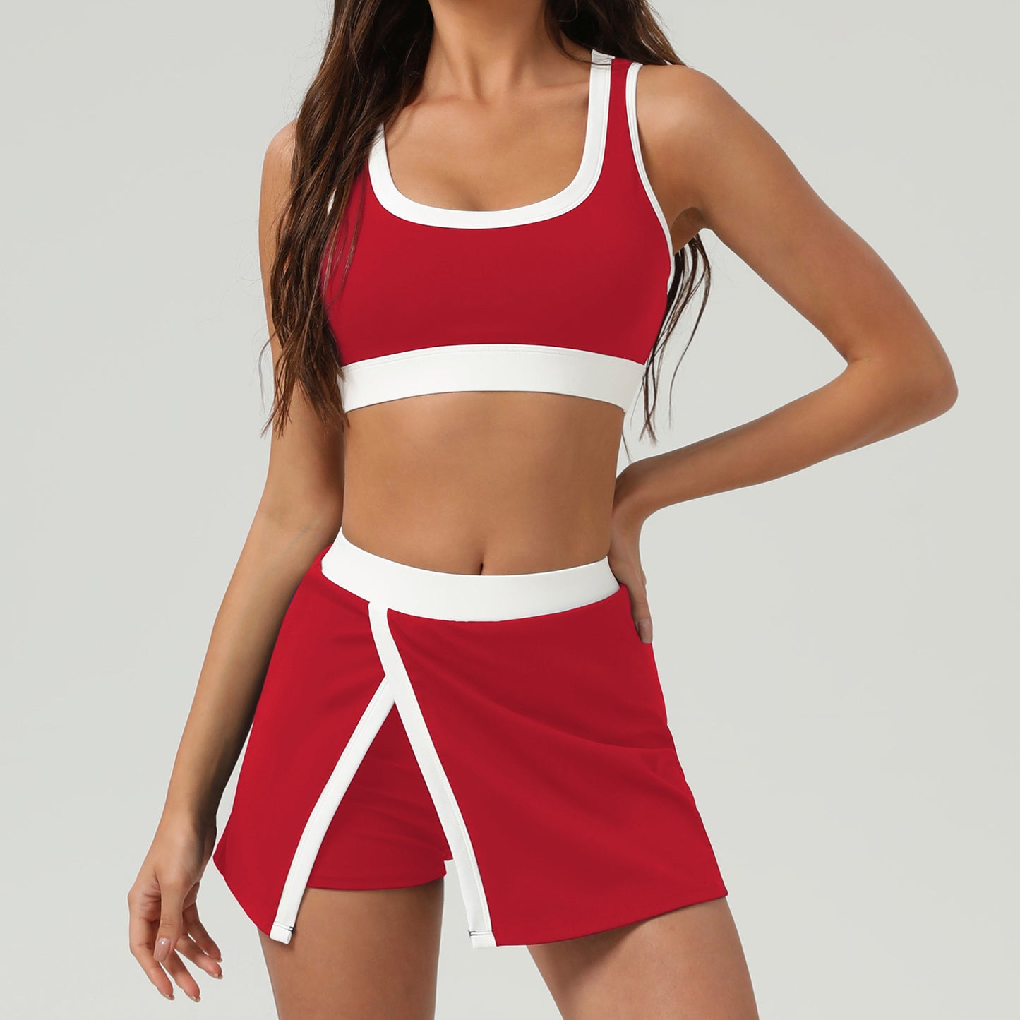 Contrast Color Sports Bra Tennis Skirt Set Women Quick Drying Anti Emptied Pantskirt Sports Set