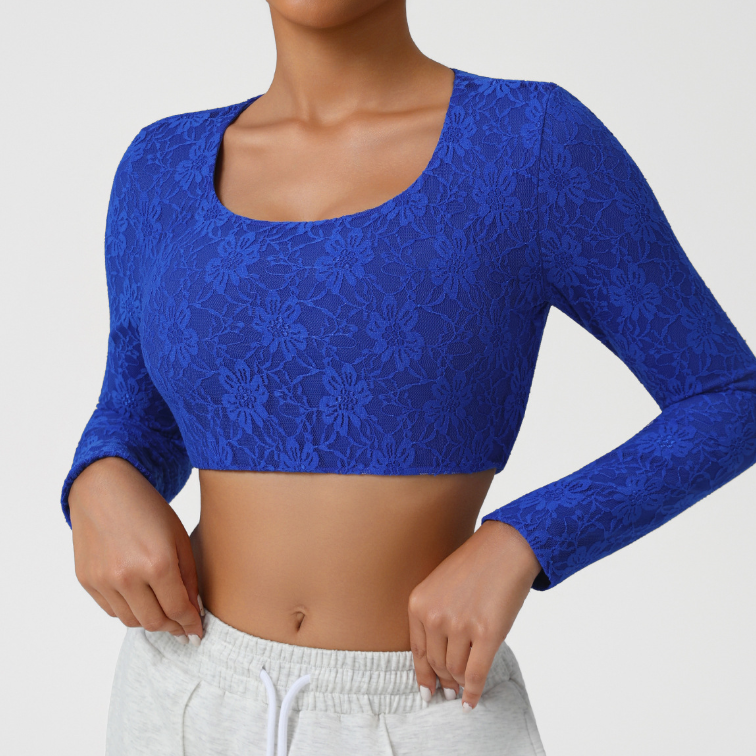 Sexy Lace Casual Top Autumn Square Collar Short Nude Feel Exercise Yoga Clothes Long Sleeve T shirt