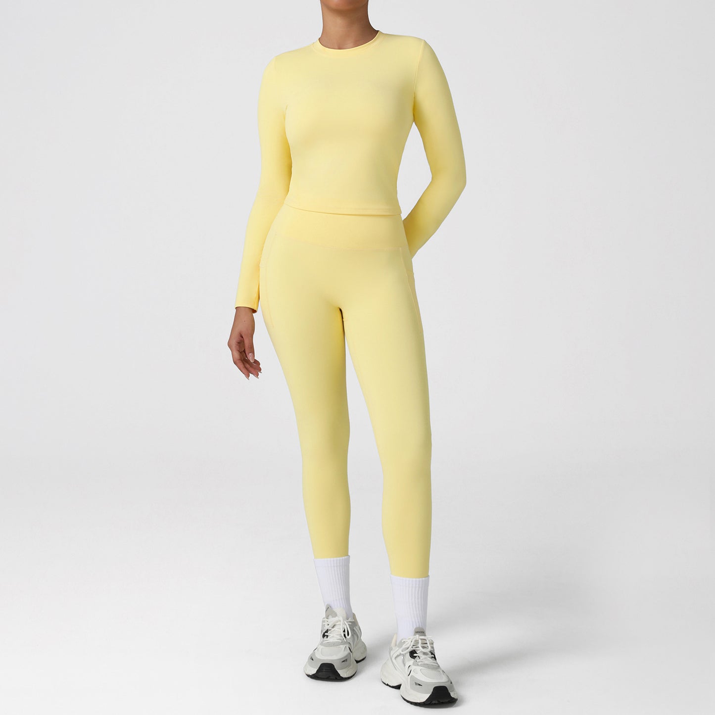 Nuis Nude Feel Tight Long-Sleeve Suit High Waist Running Fitness Pocket Flared Pants Yoga Clothes Two Piece Set