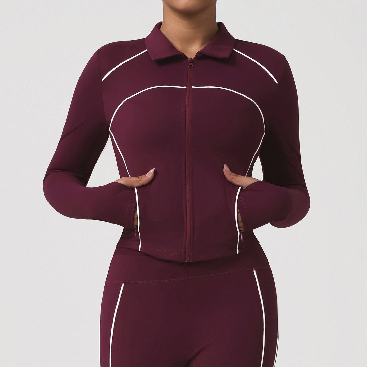 Autumn Winter Sports Women Wear Side Contrast Color Zipper Open Close Long Sleeve Thermal Slim Fit Simple Coat