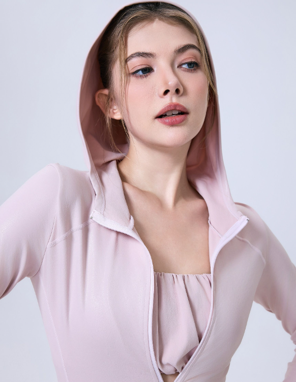 Faux Leather Nude Feel Sports Jacket Slim Fit Slimming Zipper Workout Clothes Top Hooded Comfortable Yoga Clothes Long Sleeve