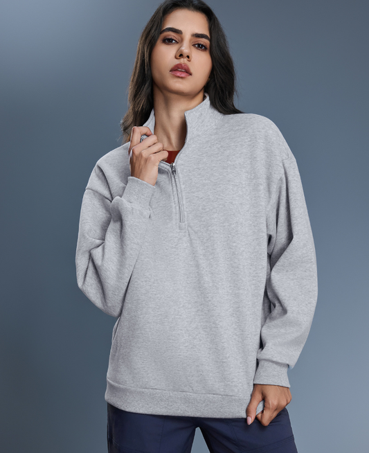 Autumn Winter Half Zipper Fleece Lined Thickening Stand Collar Sweater Women Casual Loose All Matching Warm Top