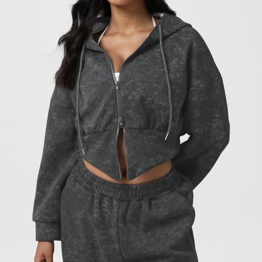 Printed Double Headed Zipper Yoga Jacket Short Autumn Winter Sexy Hooded Sweatshirt Workout Top
