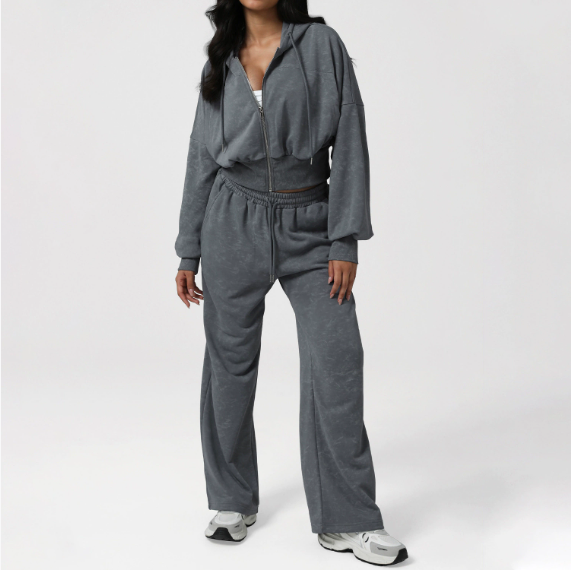 Printing Fitness Sweater Women Loose Hooded Coat Sports Pocket Casual Pants Training Two Piece Sets