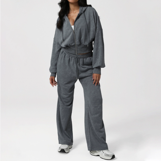 Printing Fitness Sweater Women Loose Hooded Coat Sports Pocket Casual Pants Training Two Piece Sets