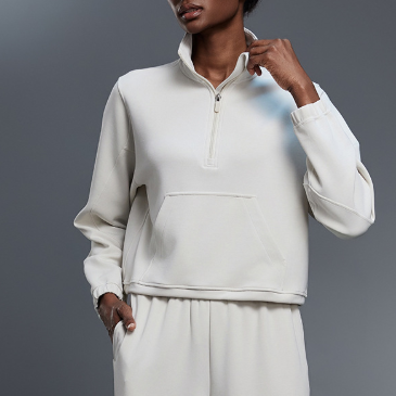 Casual Loose Half Zipper Sweater Women Autumn Windproof Stand Collar Drawstring Hem Fitness Sports Top