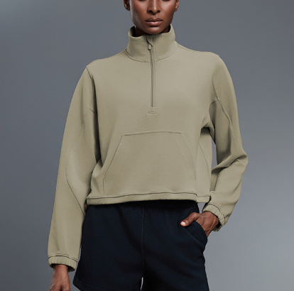 Casual Loose Half Zipper Sweater Women Autumn Windproof Stand Collar Drawstring Hem Fitness Sports Top